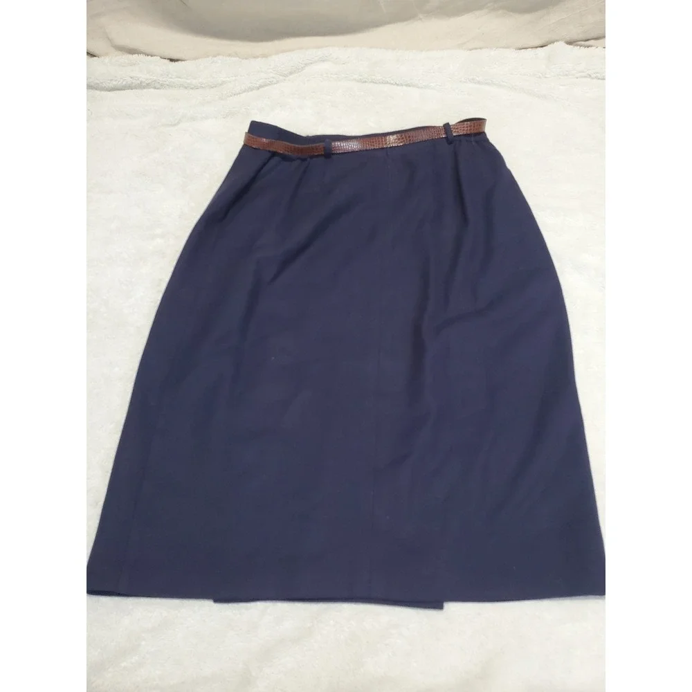 Vintage Navy Blue Wool A Line Wrap Belted Skirt 20W Academia Twee Office Classic - Picture 6 of 9